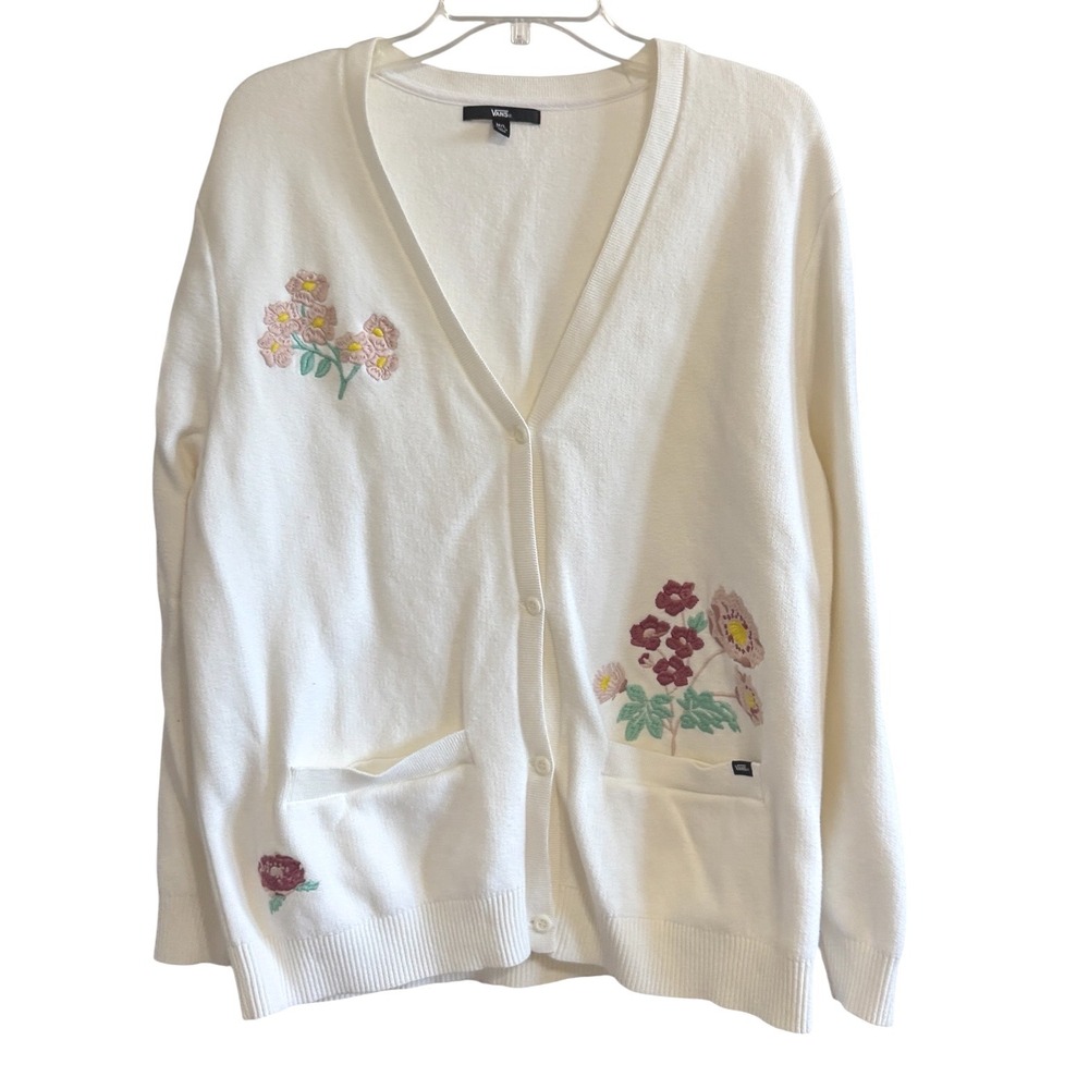 Vans Cardigan Women M/L Ivory Floral Embroidered Cotton Knit V-Neck Cottagecore